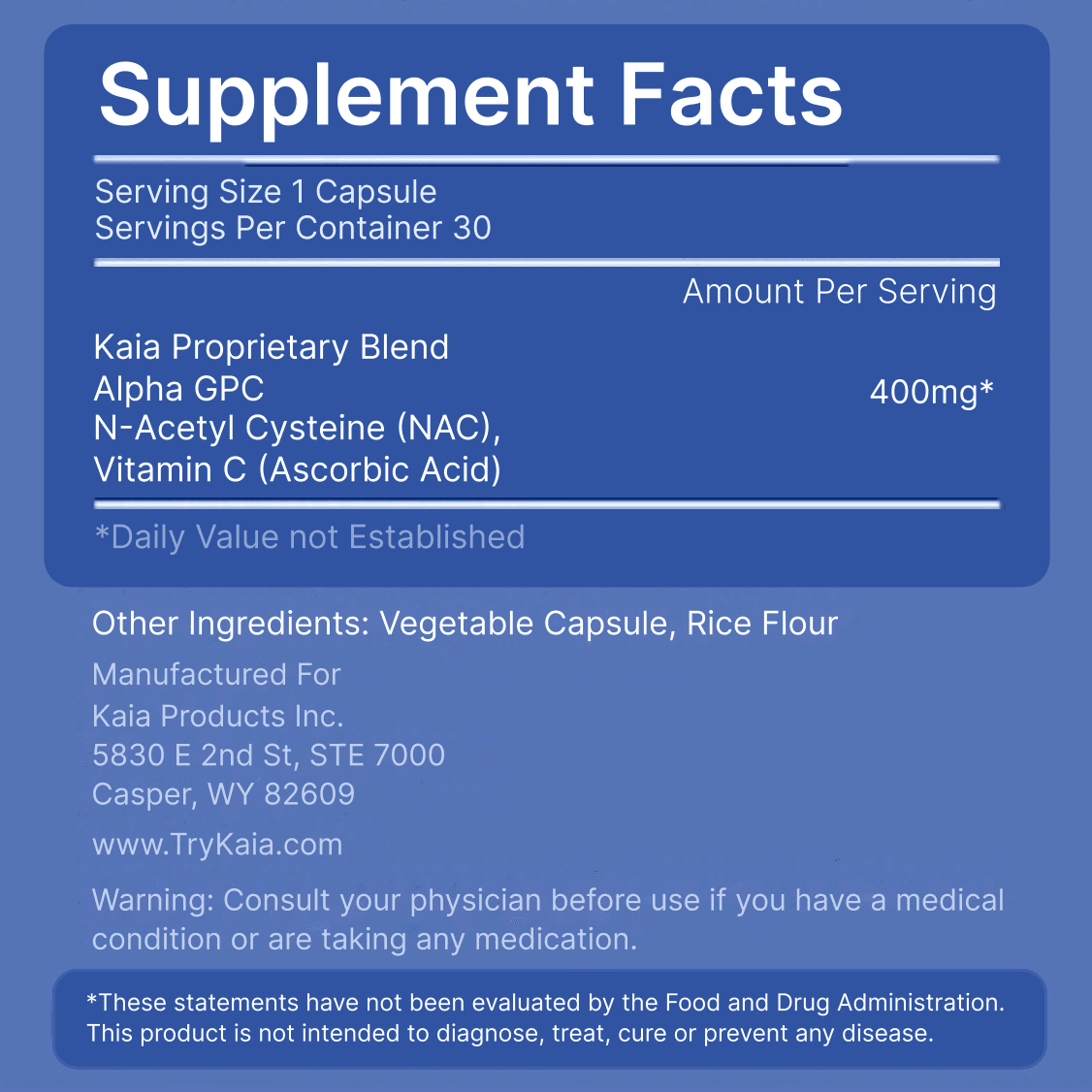 Kaia Supplement Facts Label